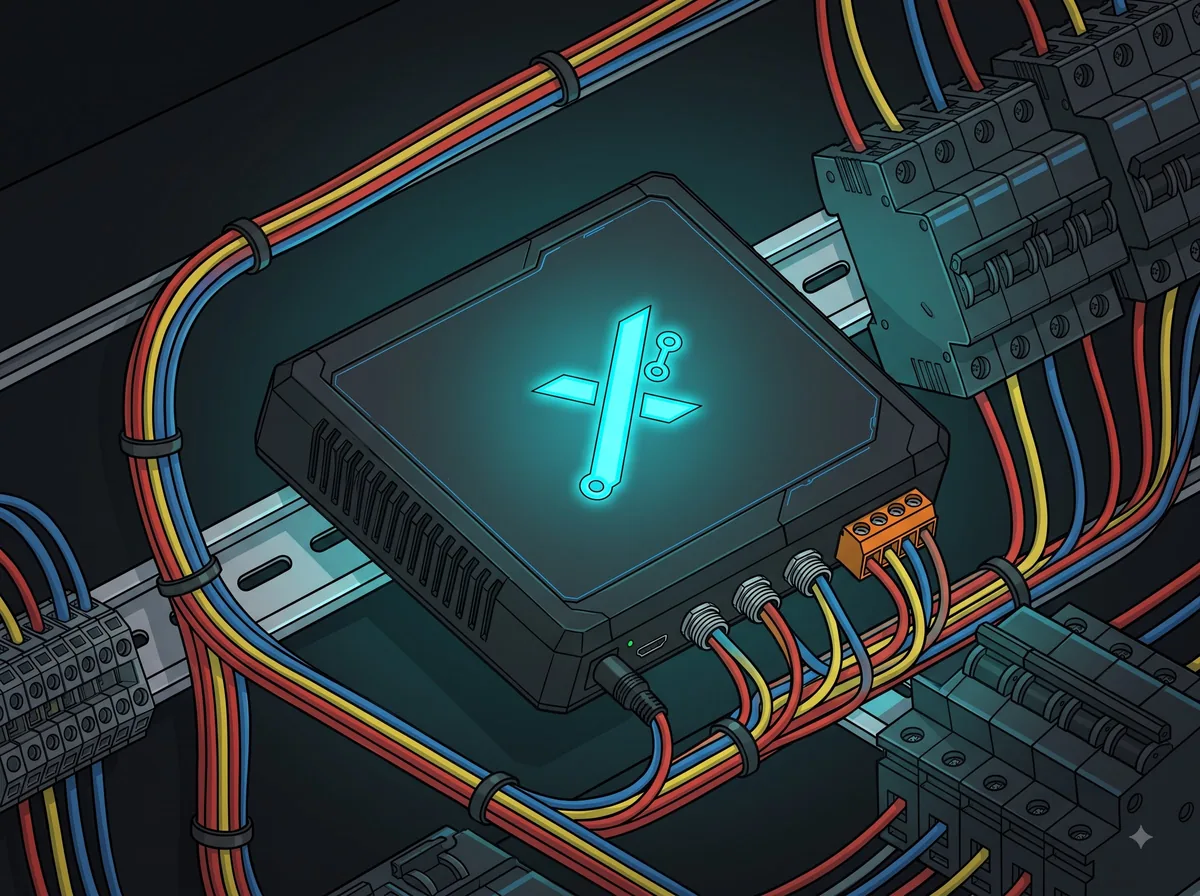 Behind-the-meter energy measurement point on a DIN rail — split-core current clamps and a screw terminal wired into the panel.